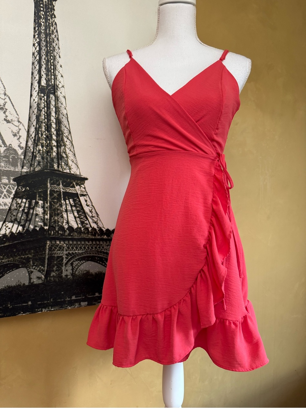 Altar'd State Coral-Red Wrap Ruffle Mini Dress